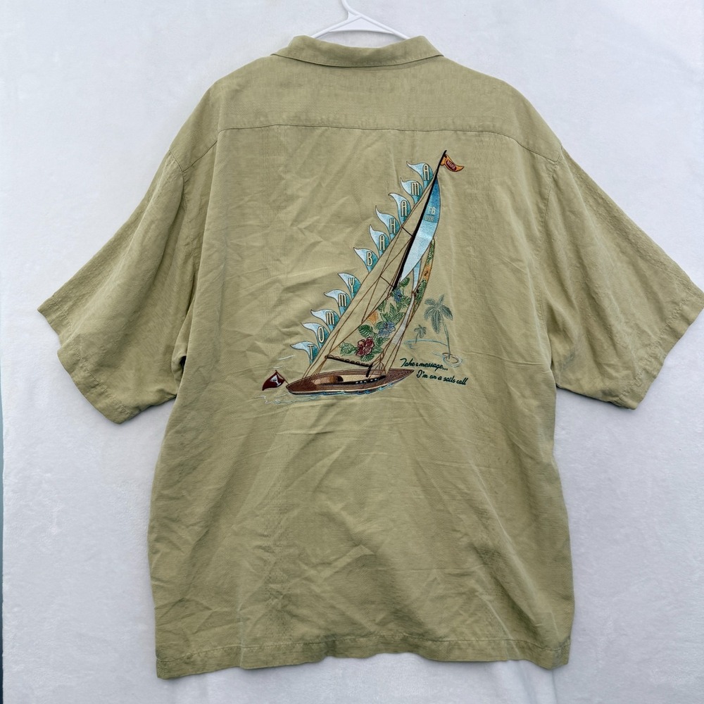 Tommy Bahama Shirt Mens XL Beige Sail Boat Embroidered Hawaiian Beach